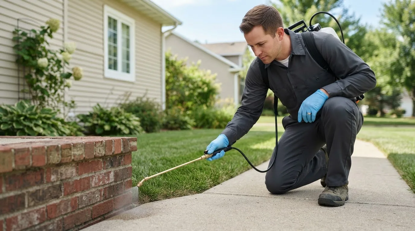 Pest control technician treating a home near Westerville, OH